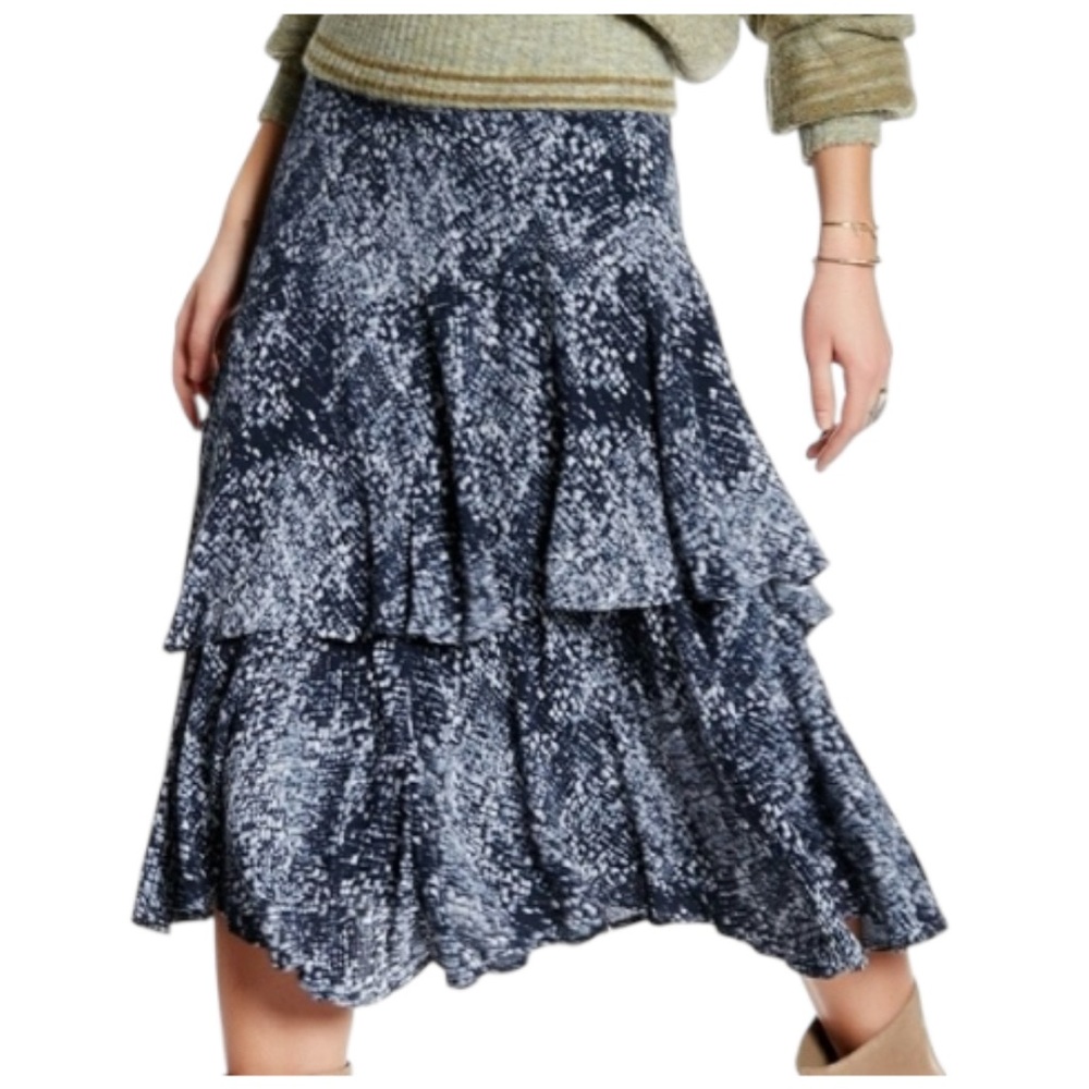 Free People Size 10 Blue Gray Tiered Ruffle Midi Skirt Boho Asymmetrical Rayon